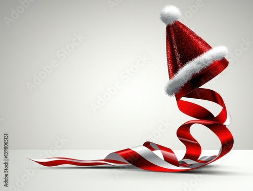 Obraz na płótnie A festive red Christmas hat adorned with white fur sits atop spiraling ribbon, creating joyful and celebratory atmosphere perfect for holiday decorations w salonie