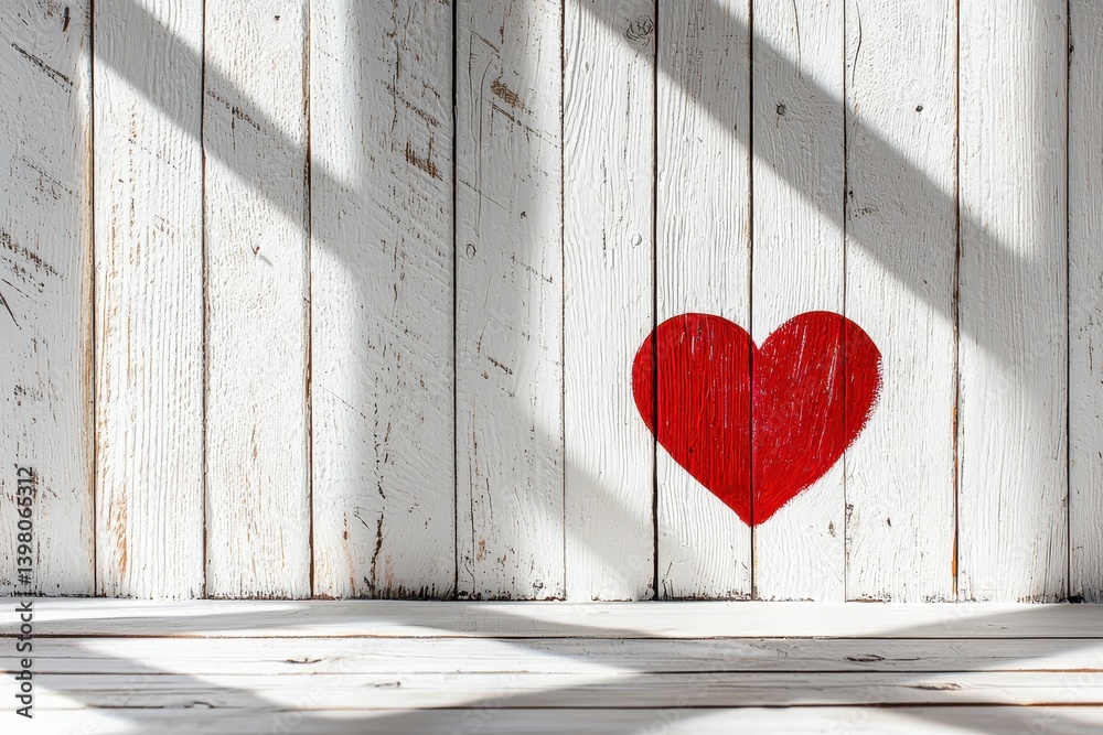 An Artistic red heart painted on rustic wooden wall, creating warm and inviting atmosphere. sunlight casts beautiful shadows, enhancing charm of scene