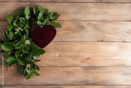 A heart shaped wooden decoration surrounded by lush green leaves on rustic wooden surface creates warm and inviting atmosphere. This arrangement symbolizes love and nature beauty