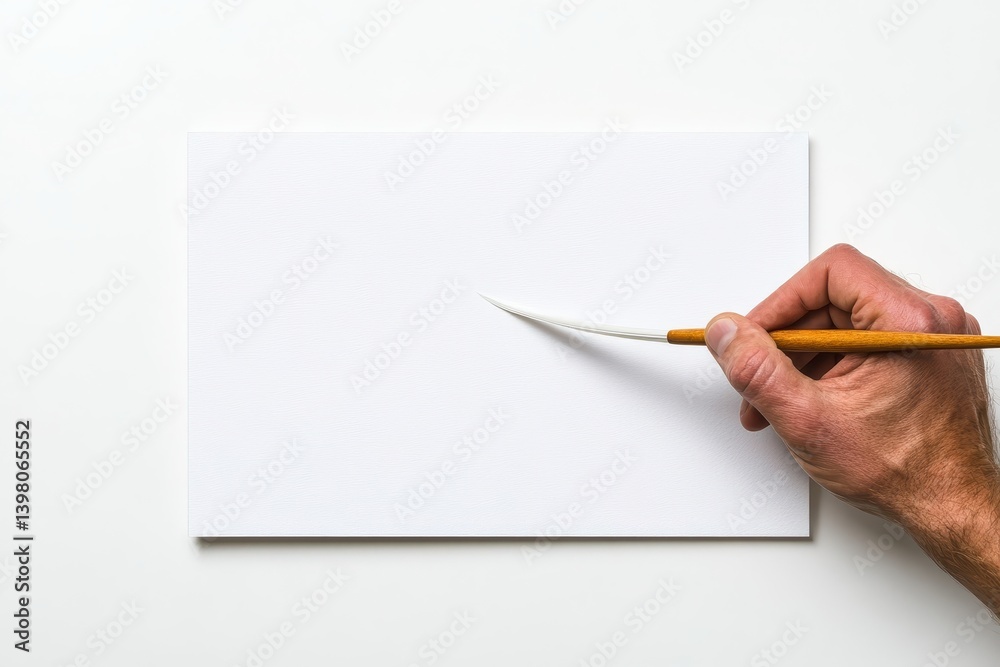 A hand holding quill pen poised above blank sheet of paper, ready to create beautiful calligraphy. scene conveys sense of artistic inspiration and creativity