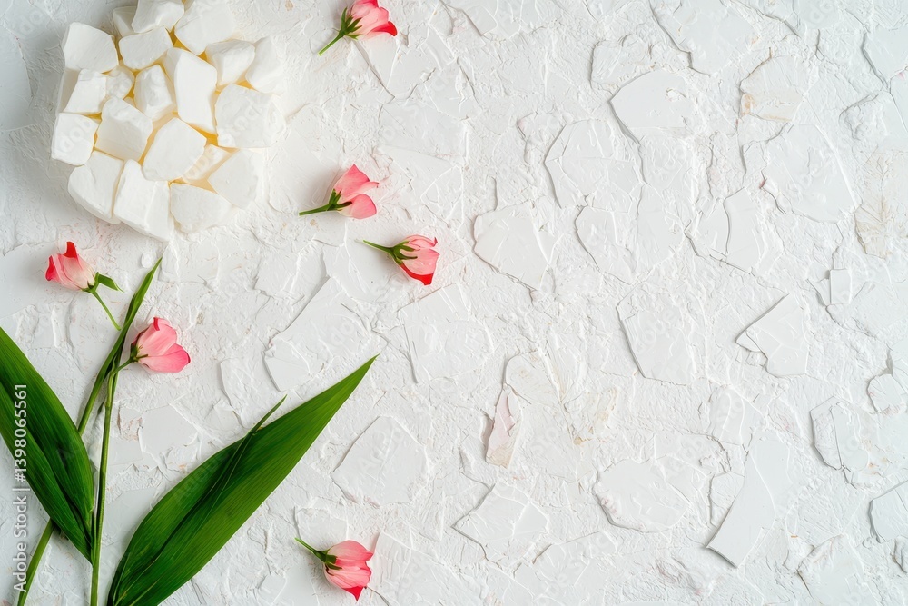 A serene flat lay featuring delicate pink flowers, green leaves, and white textured elements, creating calming and elegant atmosphere. Perfect for nature inspired designs