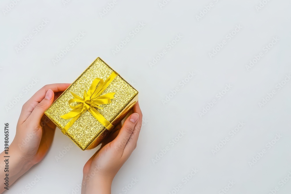 A pair of hands holds small, glittering golden gift box adorned with yellow ribbon, symbolizing celebration and joy. This evokes feelings of excitement and anticipation