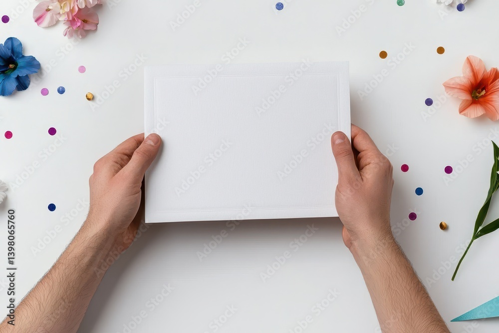 A close up of hands holding blank white card surrounded by colorful flowers and confetti, creating festive and celebratory atmosphere