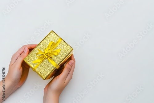 Obraz na płótnie A pair of hands holds small, glittering golden gift box adorned with yellow ribbon, symbolizing celebration and joy. This evokes feelings of excitement and anticipation w salonie