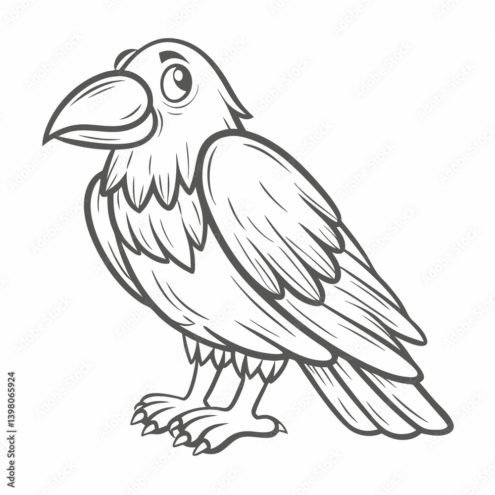 Fototapeta premium Cartoon Raven Illustration, Outline Style, Vector