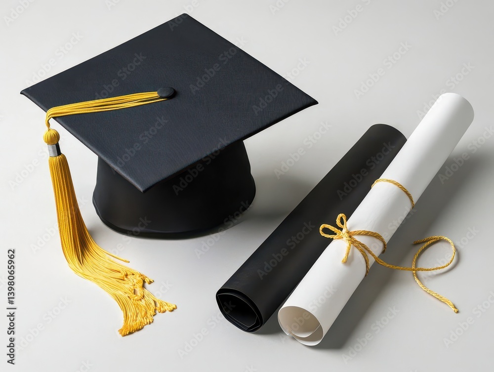 A Graduation cap diploma scroll black white tassel education achievement ceremony academic