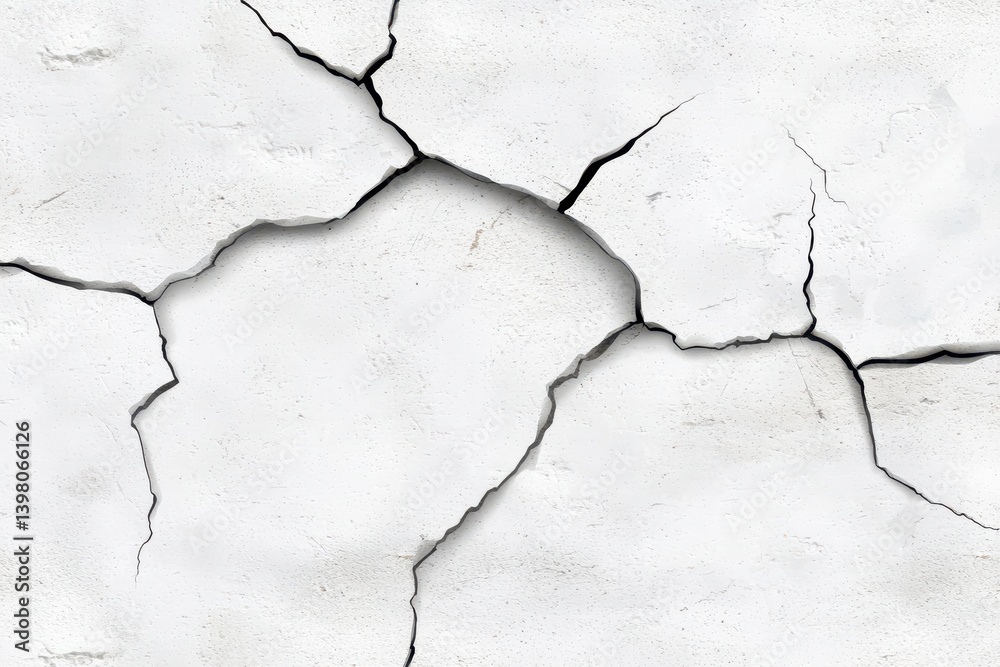 A Cracked white wall surface with visible fissures and texture, creating distressed appearance that evokes sense of age and wear. This pattern can be used in various design projects