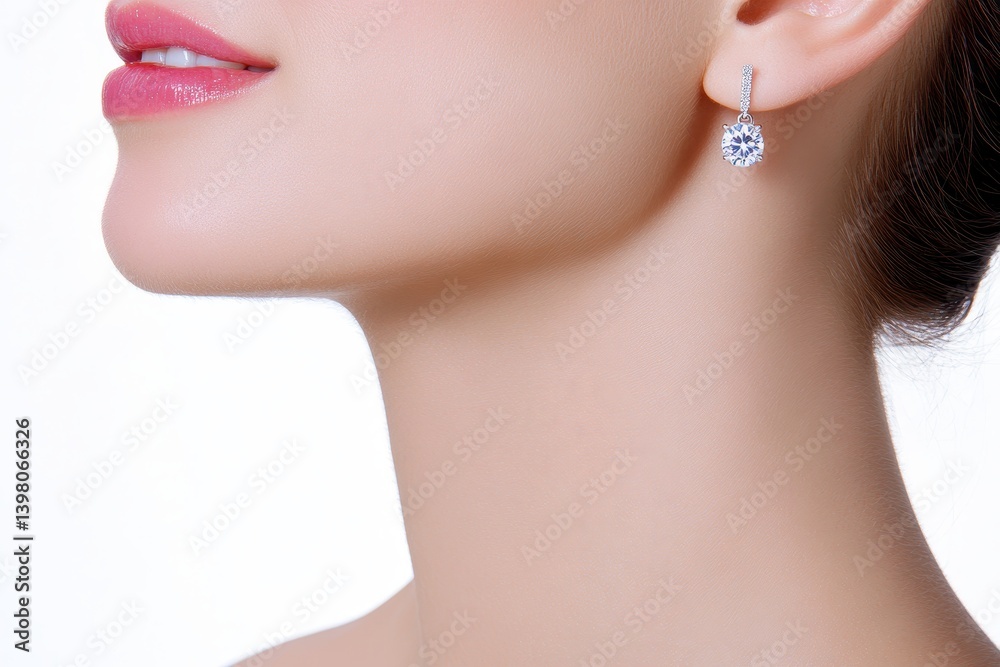 A joyful woman showcases elegant diamond earrings, highlighting her beauty and style. close up emphasizes sparkling jewelry against her smooth skin