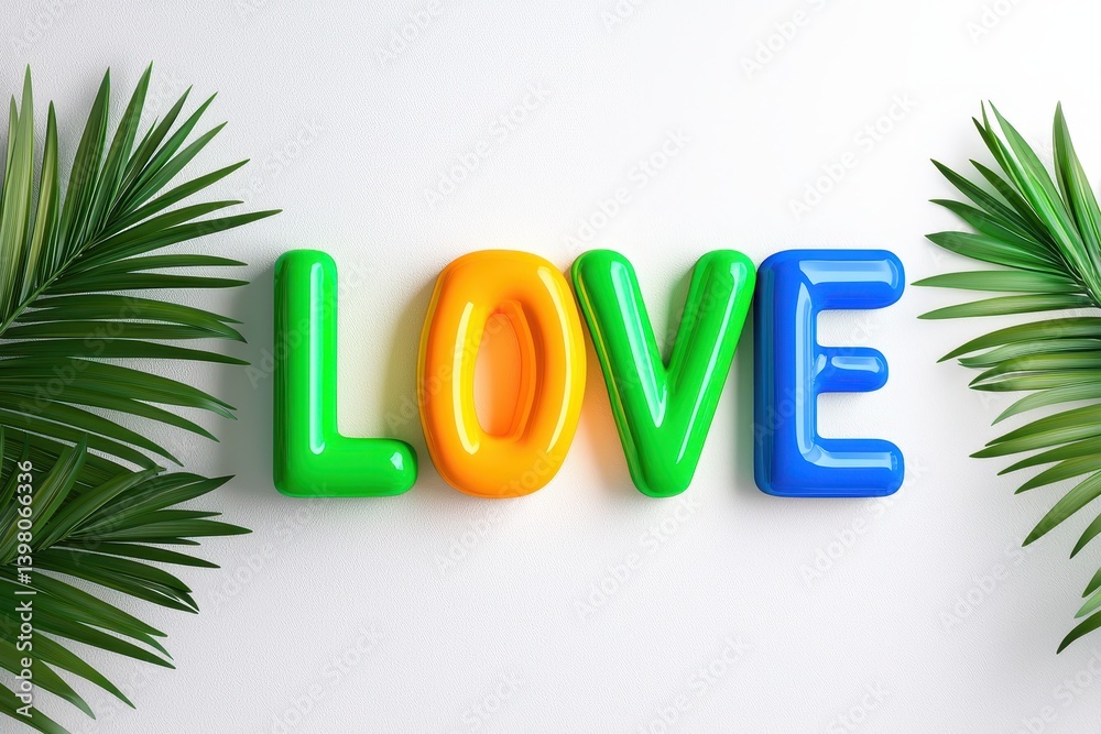 A Colorful love typography with vibrant letters surrounded by green palm leaves, creating cheerful and inviting atmosphere that expresses affection and joy