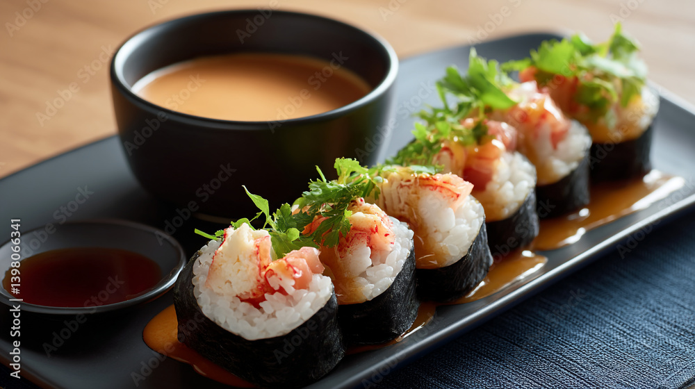 Delicious sushi roll with shrimp and sauce japanese cuisine food photography restaurant style asian food Delicious sushi roll with shrimp and sauce japanese cuisine food photography restaurant style asian food