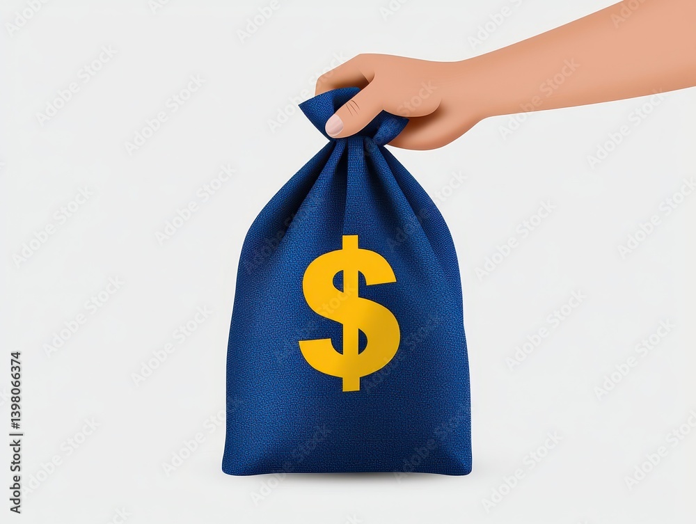 A hand holding blue money bag with yellow dollar sign symbolizes financial success and wealth. This illustration conveys importance of financial literacy and money management