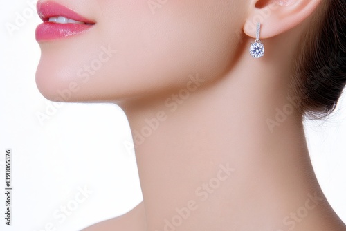 Obraz na płótnie A joyful woman showcases elegant diamond earrings, highlighting her beauty and style. close up emphasizes sparkling jewelry against her smooth skin w salonie