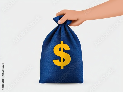 Obraz na płótnie A hand holding blue money bag with yellow dollar sign symbolizes financial success and wealth. This illustration conveys importance of financial literacy and money management w salonie