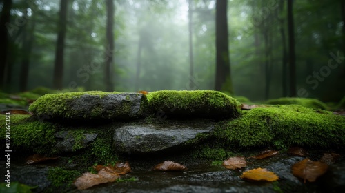 This tranquil forest scene features lush moss-covered rocks surrounded by towering trees, creating a peaceful atmosphere that invites contemplation and connection with nature.