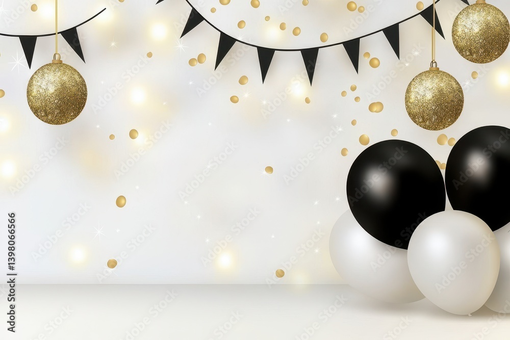 An Elegant black and white balloons with golden decorations create festive atmosphere, perfect for celebrations and parties. shimmering backdrop adds touch of glamour and joy