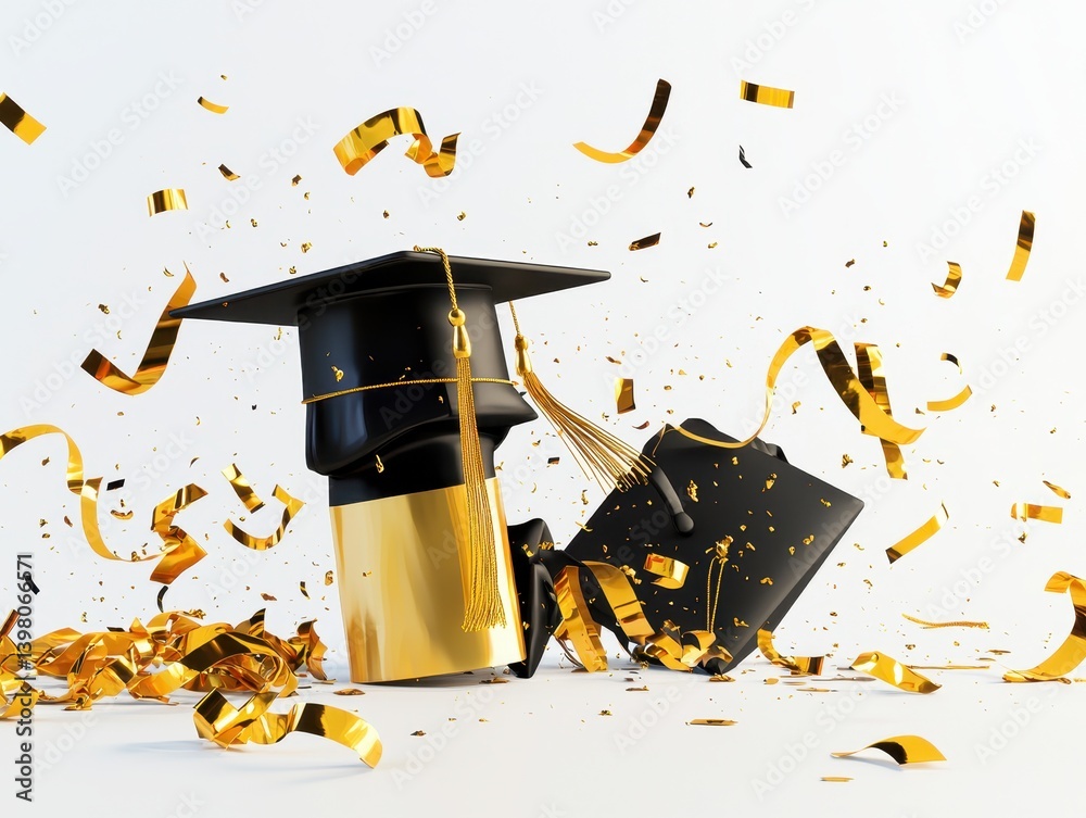 A Graduation cap and diploma with golden confetti create festive atmosphere celebrating academic success and achievement. This captures joy of graduation day
