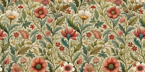 Intricate floral pattern featuring vibrant blooms and lush greenery.