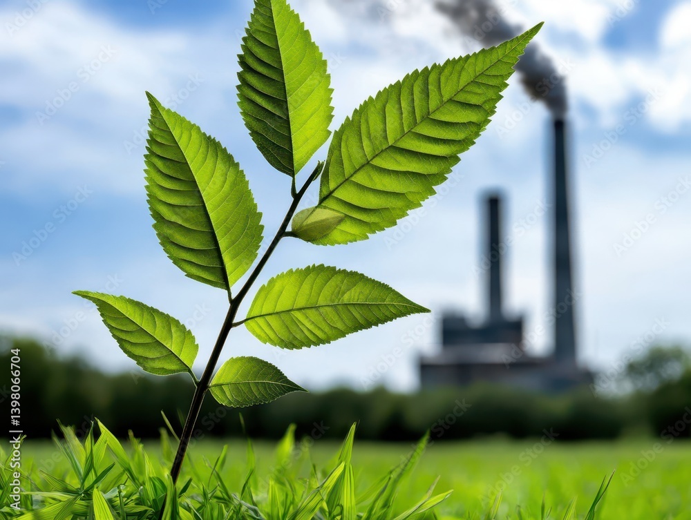 A vibrant green plant stands tall foreground, symbolizing nature resilience, while manufacturing facility with smokestacks looms background, highlighting contrast between industry and environment