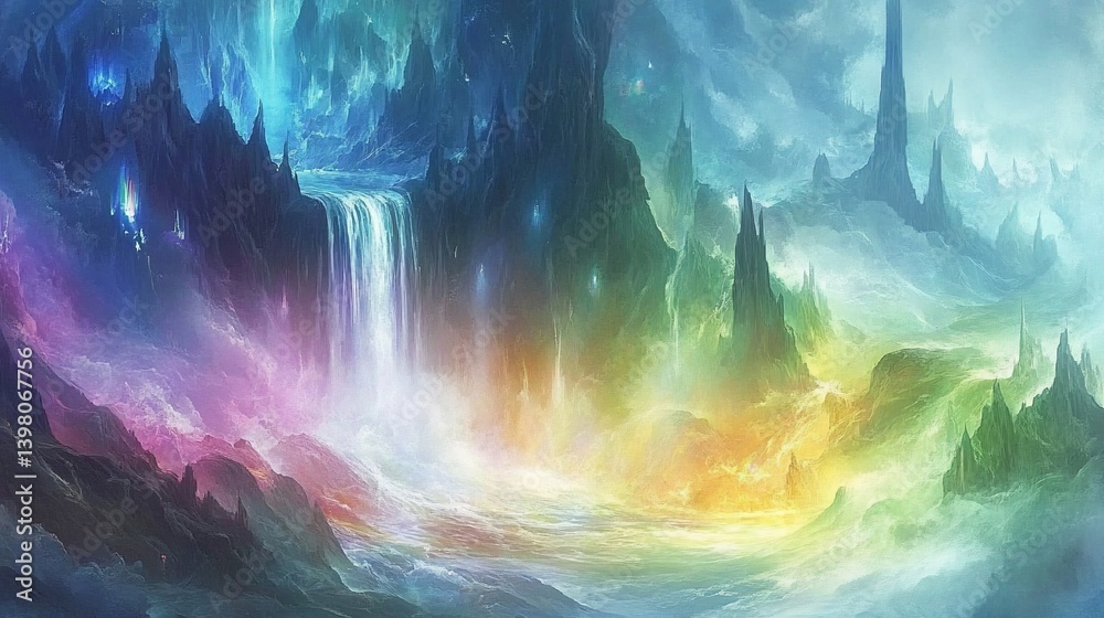 Fototapeta premium Vibrant, fantasy landscape with rainbow hues, a waterfall, and mystical mountains