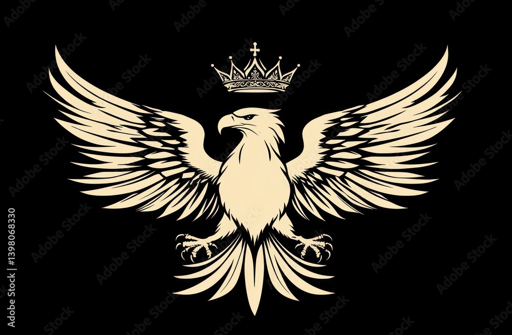 Fototapeta premium Crowned eagle emblem, wings spread, dark background, heraldic design.