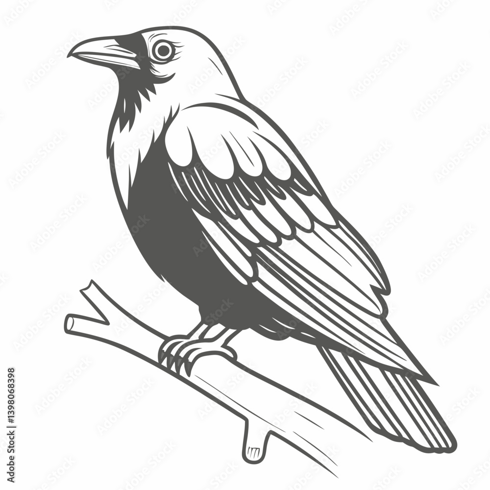 Obraz premium Jackdaw Bird Perched on Branch Vector Illustration