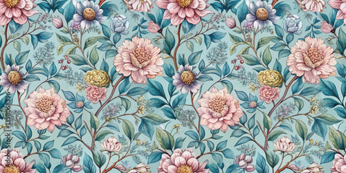 Elegant floral pattern featuring soft pink and blue tones on a teal background.