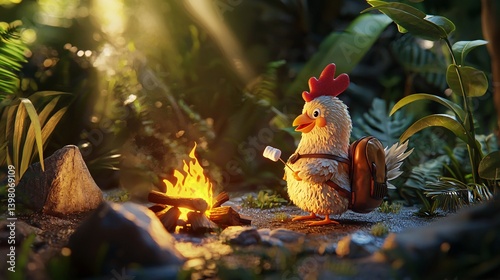 3D Whimsical Chicken Camping in Summer Scene with Campfire and Nature