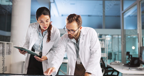 Fotografía Scientist, people and meeting with tablet for review, medical research or innovation