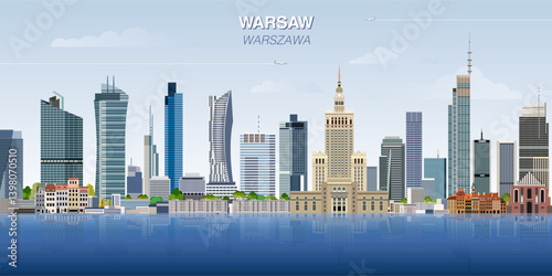 Warsaw city skyline on gradient beautiful day sky background. Vector illustration