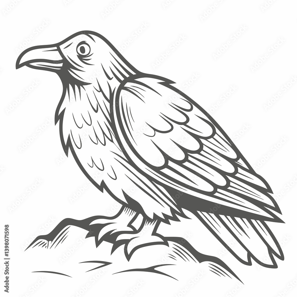 Naklejka premium Detailed Raven Illustration, Bird Perched