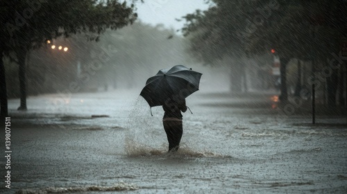 A person braving the heavy rain and winds with an umbrella flipping inside out.