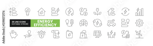 Set of 26 Energy Efficiency line icons set. Energy Efficiency outline icons with editable stroke collection. Includes Electricity Cost, Wind Energy, Energy Saving, Bill, Electric Car, and More.	