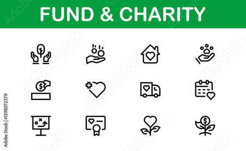 Professional Fund and Charity Icon Set Vector Illustration. Most Useful Icons for Donations, Volunteering, and Social Good