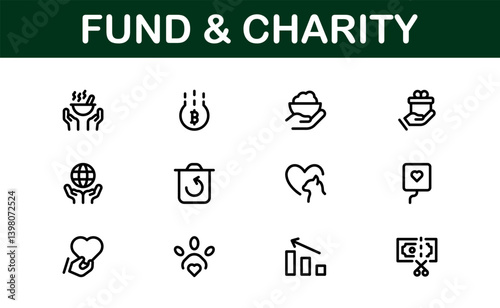 Professional Fund and Charity Icon Set Vector Illustration. Most Useful Icons for Donations, Volunteering, and Social Good