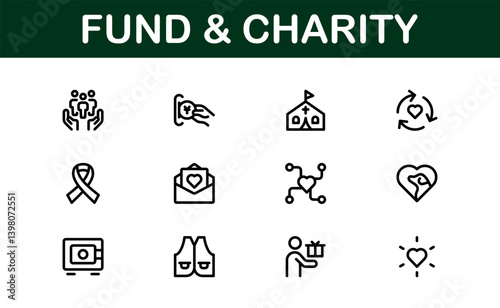 Professional Fund and Charity Icon Set Vector Illustration. Most Useful Icons for Donations, Volunteering, and Social Good