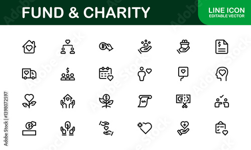 Professional Fund and Charity Icon Set Vector Illustration. Most Useful Icons for Donations, Volunteering, and Social Good