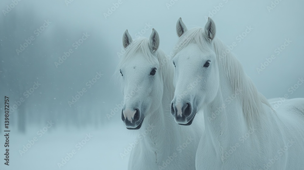 Fototapeta premium Two majestic white horses in a snowy landscape (1)