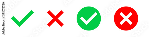 Set of yes or no icons. Green and red check mark and cross icons on transparent background. Vector illustrationb