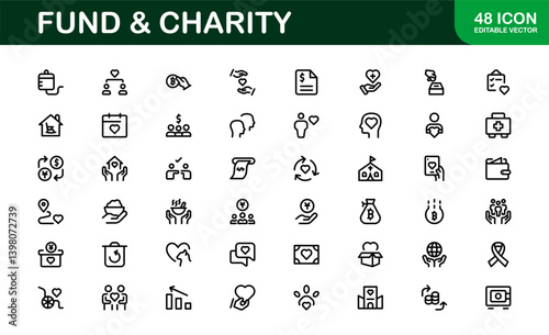 Professional Fund and Charity Icon Set Vector Illustration. Most Useful Icons for Donations, Volunteering, and Social Good
