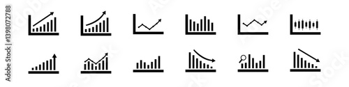 Business graphs and charts icons. Statistics and analytics vector icon. Statistic and data, charts diagrams, money, down or up arrow. Vector illustration.