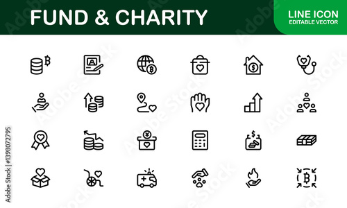 Professional Fund and Charity Icon Set Vector Illustration. Most Useful Icons for Donations, Volunteering, and Social Good