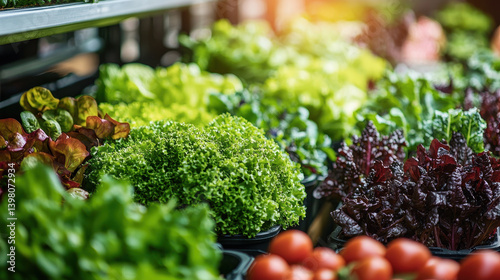 Indoor agriculture showcases vertical farming with genetically modified pest-resistant crops thriving in a high-tech environment