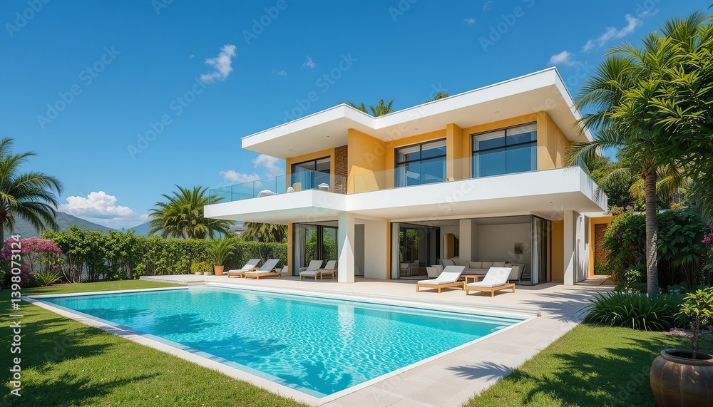 Fototapeta premium A luxurious modern home with a beautiful pool, set against a bright blue sky, surrounded by green trees and lush foliage on a sunny day.
