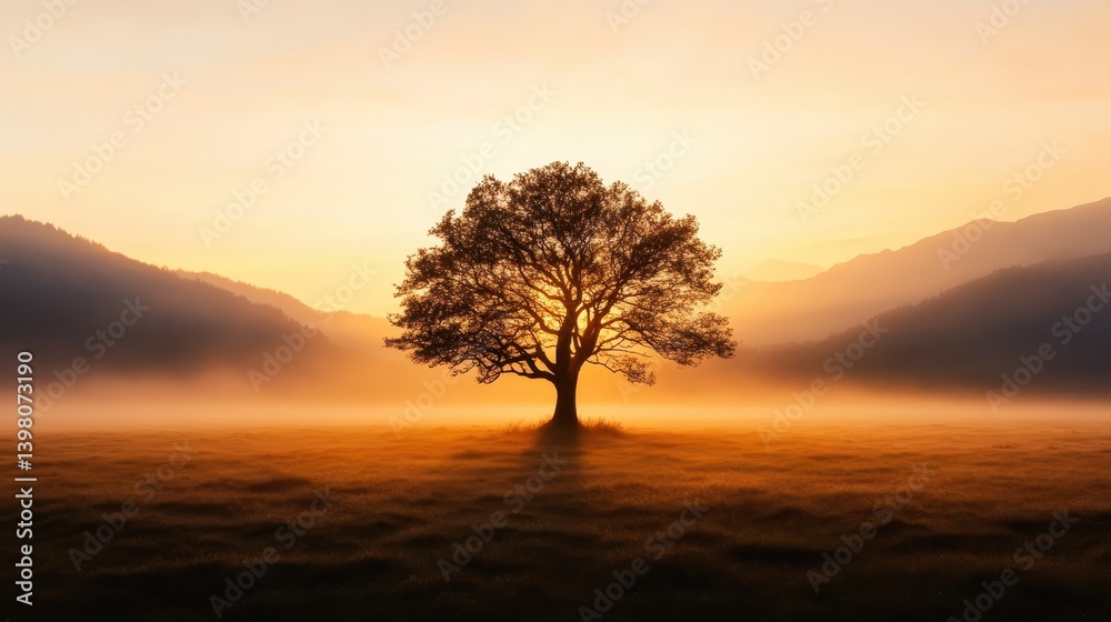 An impressive solitary tree stands gracefully against a stunning sunrise, creating a silhouette that embodies tranquility and the beauty of nature's peaceful awakening. An impressive solitary tree stands gracefully against a stunning sunrise, creating a silhouette that embodies tranquility and the beauty of nature's peaceful awakening.