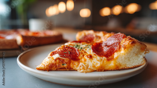 Wallpaper Mural A slice of pepperoni pizza on a plate with another pizza in the background with blurred lights Torontodigital.ca