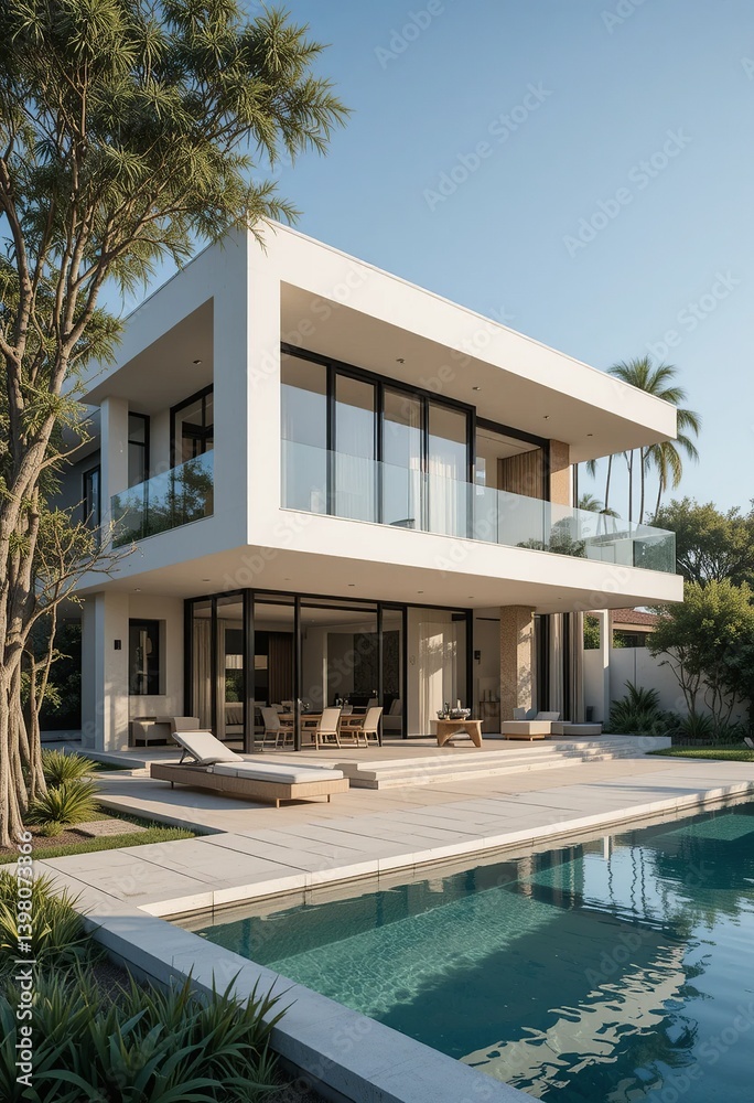 Fototapeta premium Modern home with pool. Luxury living at its finest, with a serene outdoor space perfect for relaxation and entertainment.