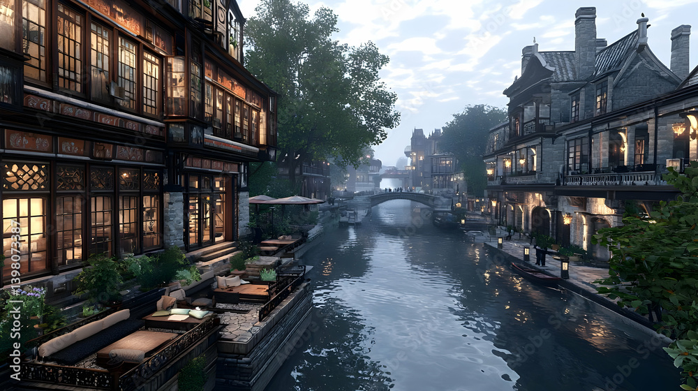 Fototapeta premium Charming Pixelated Canal Cityscape In The Evening