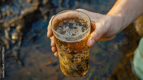 A person holding a glass of dirty, undrinkable water.