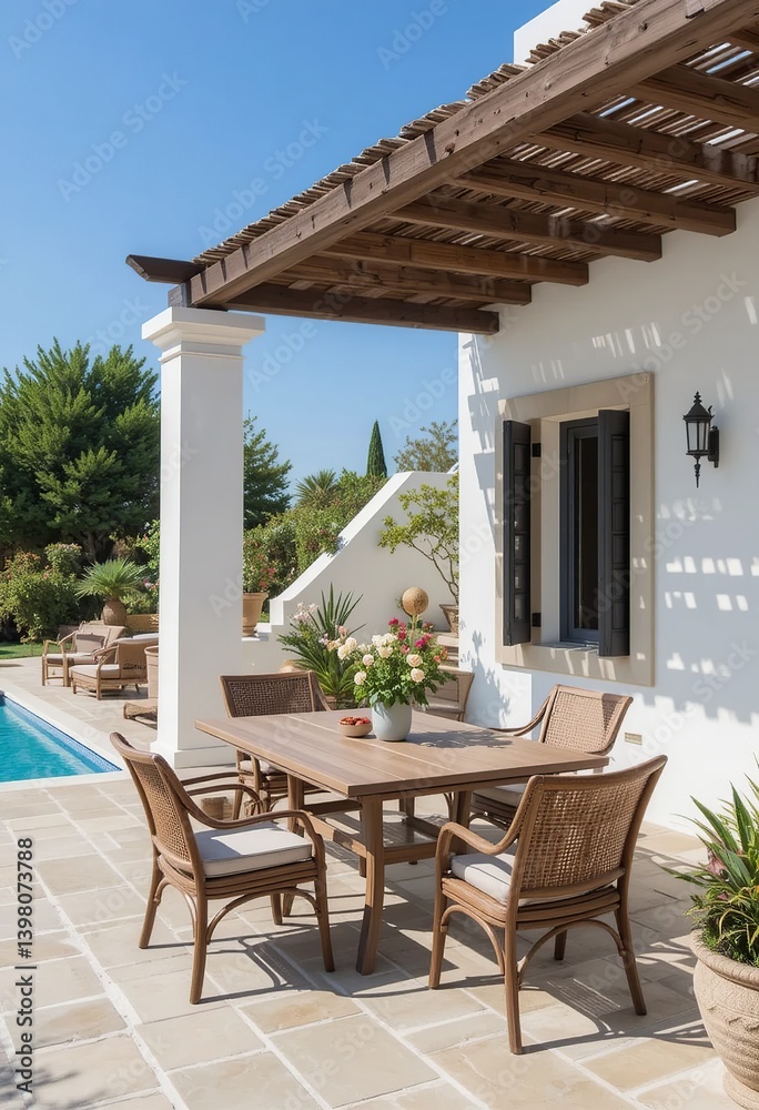 Fototapeta premium Charming patio dining set by the pool, a sun-drenched oasis for al fresco meals and relaxation, creating a perfect outdoor retreat.