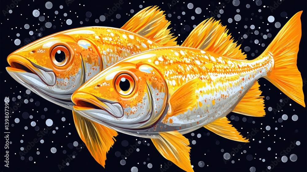 Fototapeta premium Two vibrant gold fish in a dark background